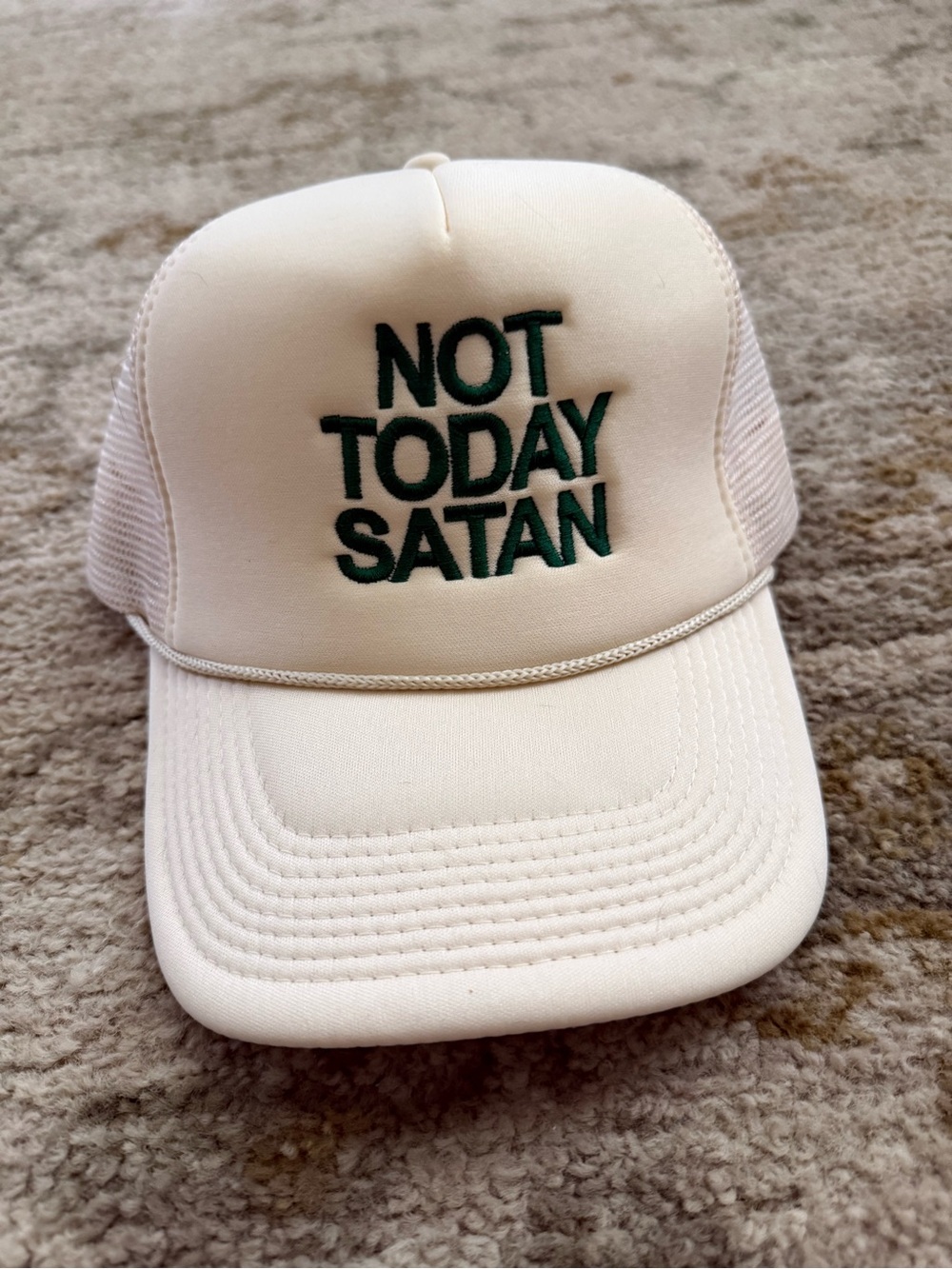 ISSI Cream Trucker Hat with Green "NOT TODAY SATAN" Embroidery